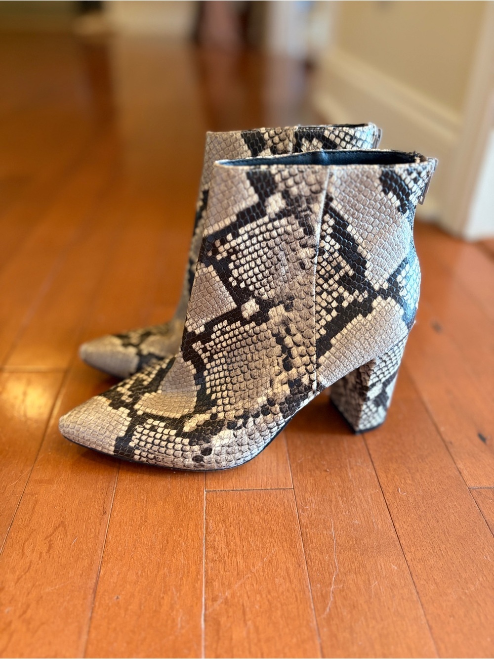 Chelsea & Violet Snake-Print Pointed Toe Block Heel Ankle Boots - Beige & Black